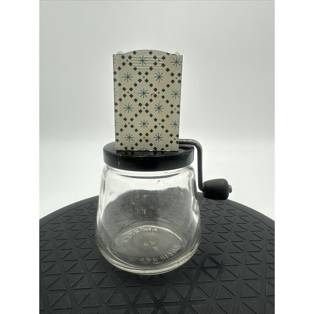 Vintage Androck #49 Nut Grinder Chopper Glass Jar Blue Starburst USA
